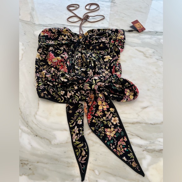 ETRO BLACK FLORAL SILK HALTER SCARF TOP SIZE S/M NWTS!